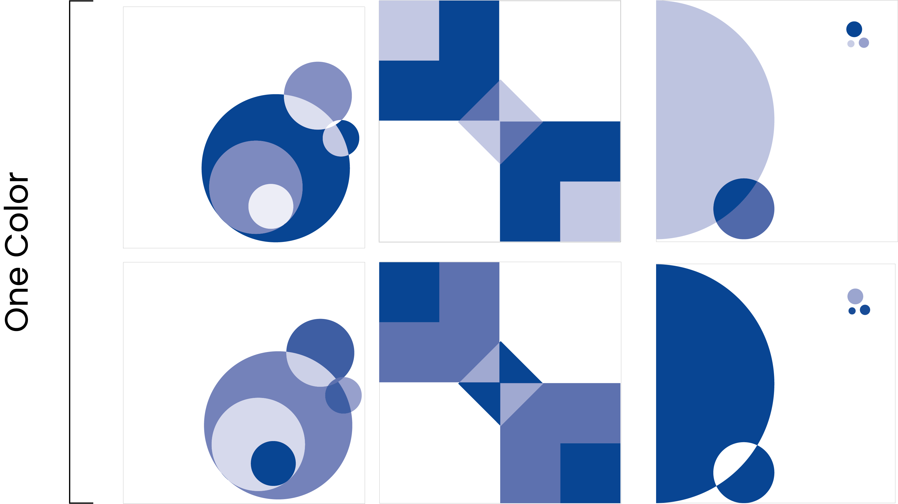 One Color exploration: three layouts in two monochromatic blue variations each