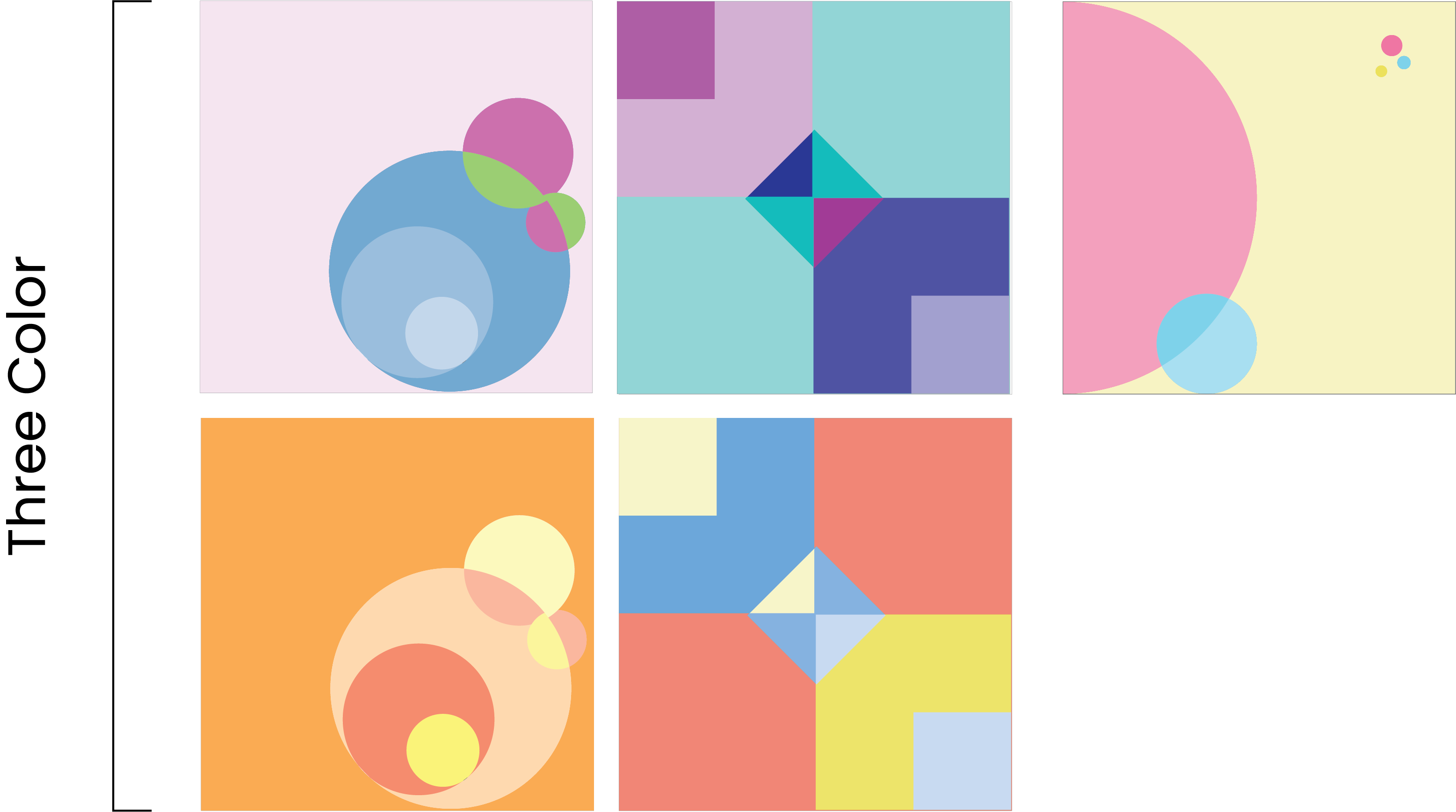 Three Color exploration: three layouts in warm, cool, and triadic palettes