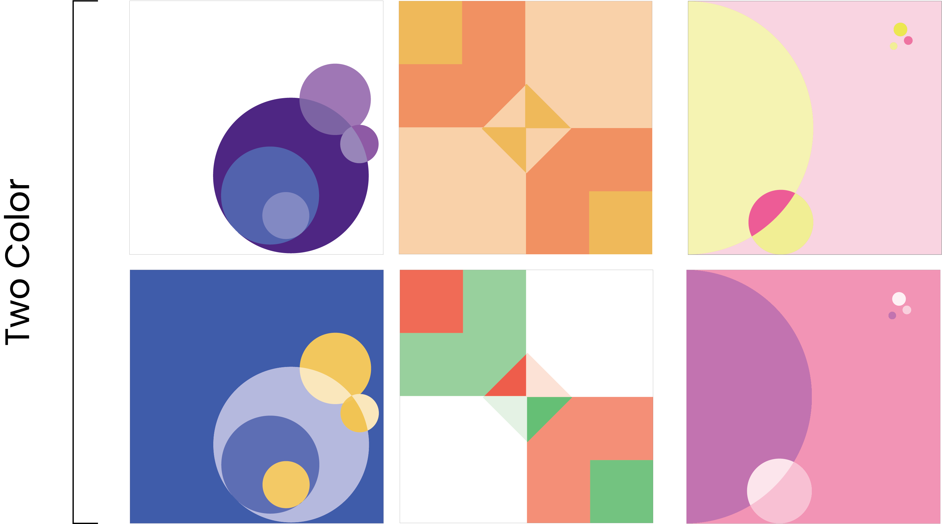 Two Color exploration: three layouts in complementary and analogous pairings