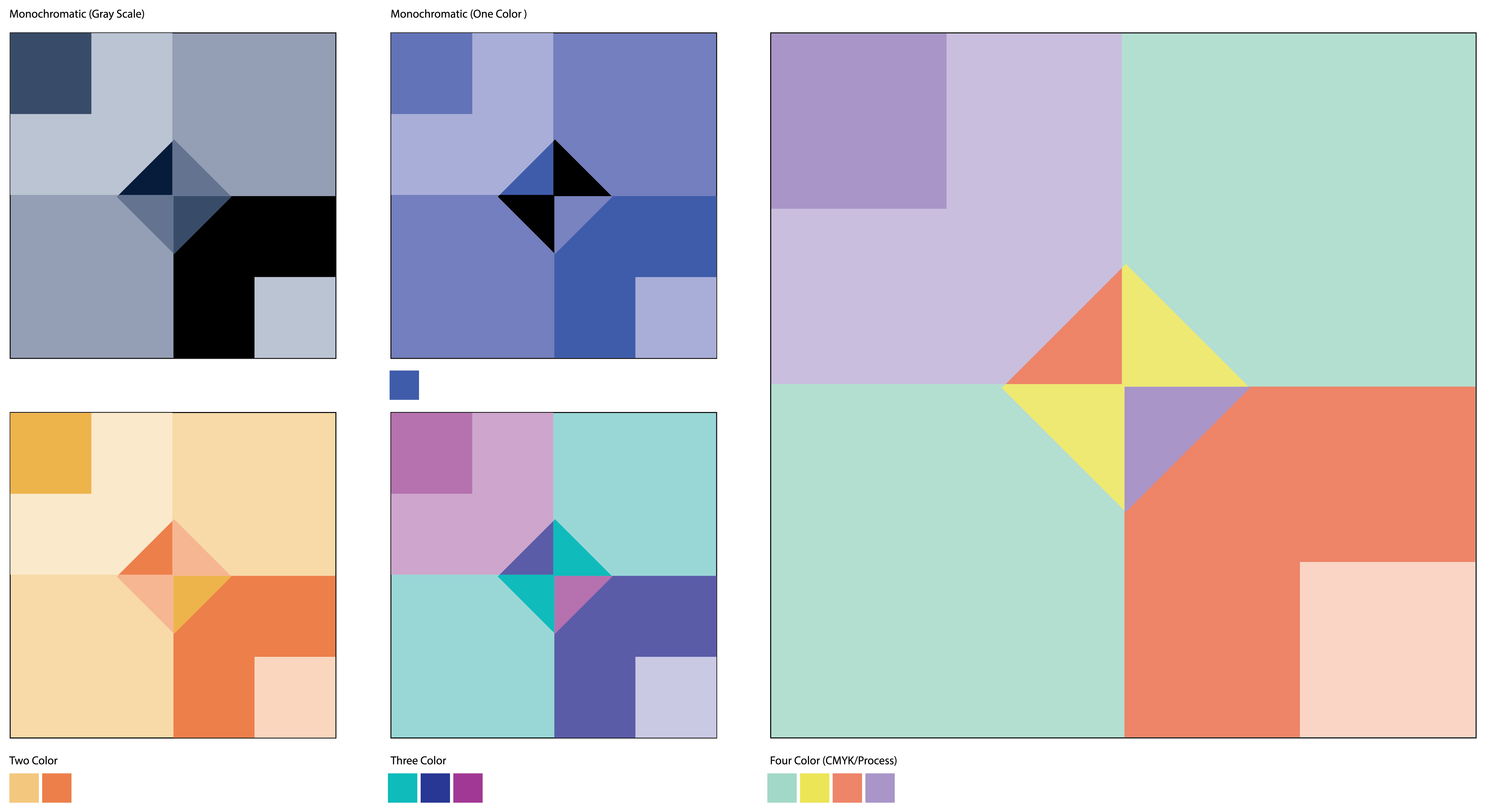 Color Matching Option Two, diamond grid composition, shown across grayscale, one color, two color, three color, and four color CMYK