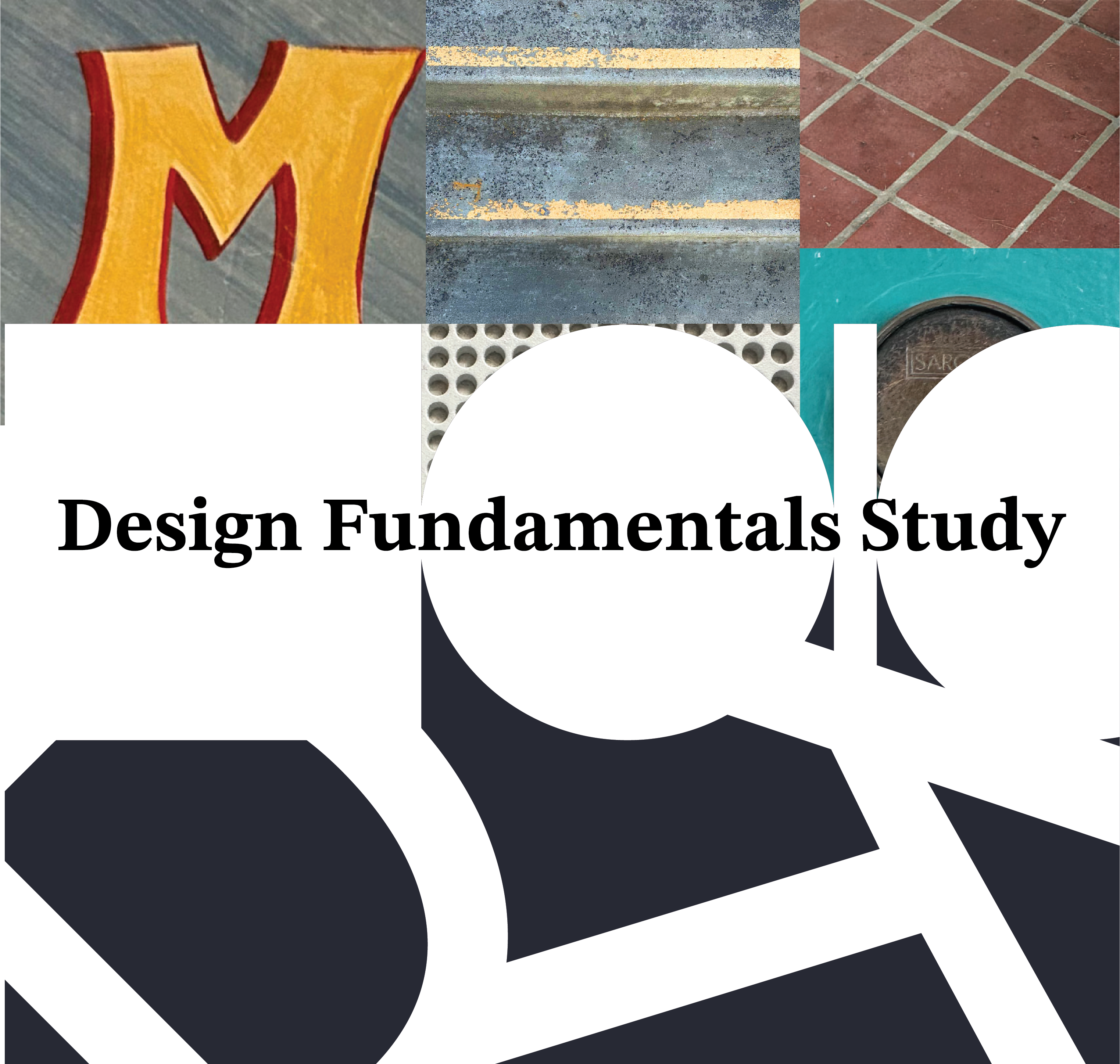 Design Fundamentals Study masthead composition combining texture photography with bold display type